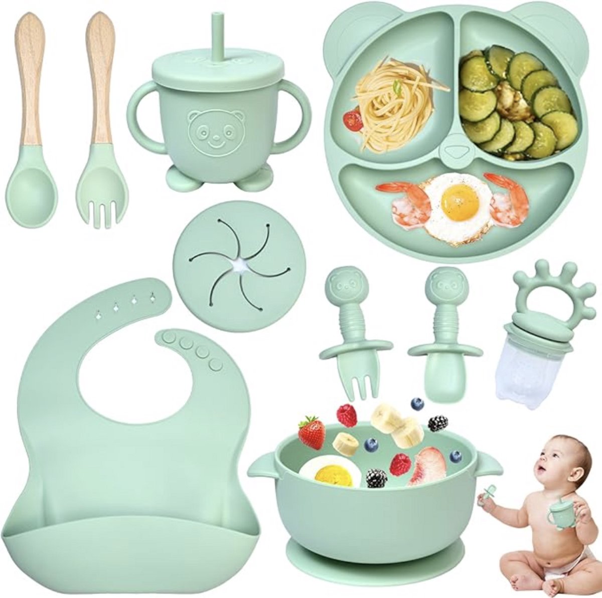 Siliconen babyserviesset 10 stuks - Antislip met zuignap, Bord, Kom, Slabbetje, Lepel, Vork, Drinkbeker, Fruitzuiger - Groen