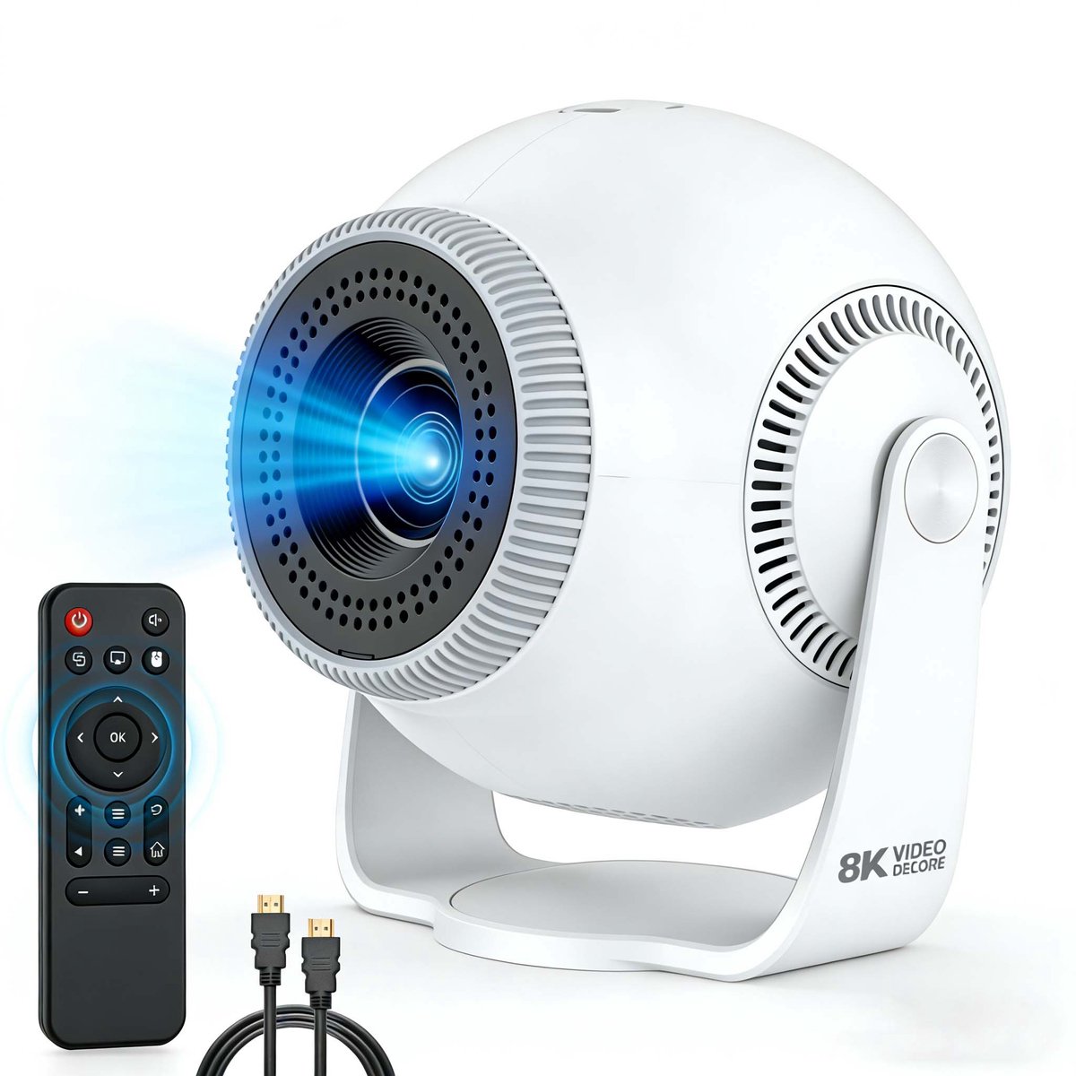 Fokelyi Pro Mini Beamer- Smart Projector- Full HD 1080p - Supports 4K-480 ANSI Lumen-8K Decoding-Android 14.0 - WiFi 6 & Bluetooth 5.4-Draagbaar - Thuisbioscoop -Geschikt voor IOS en Android-HomeCinema - Wit