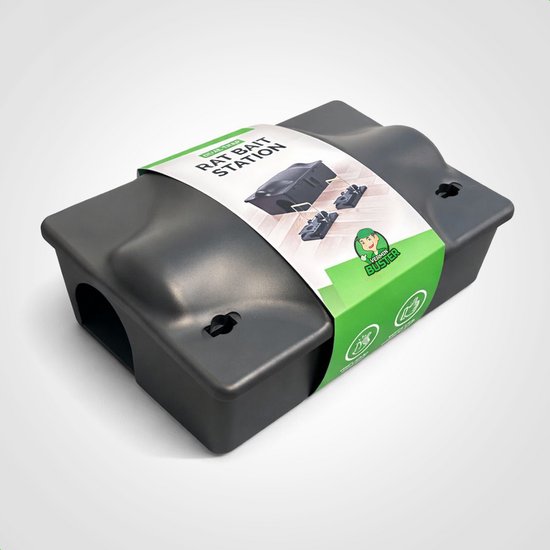 Grijze rattenvoerdoos van VerminBuster met een verpakking die een afbeelding van de doos en twee vallen toont.