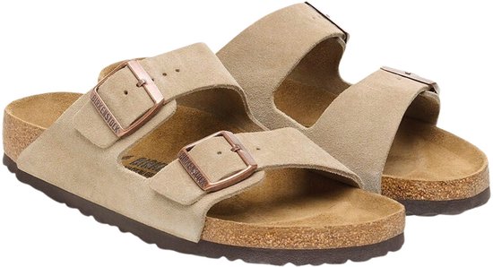 Bruine Birkenstock Arizona slippers met twee gespen, van suède.