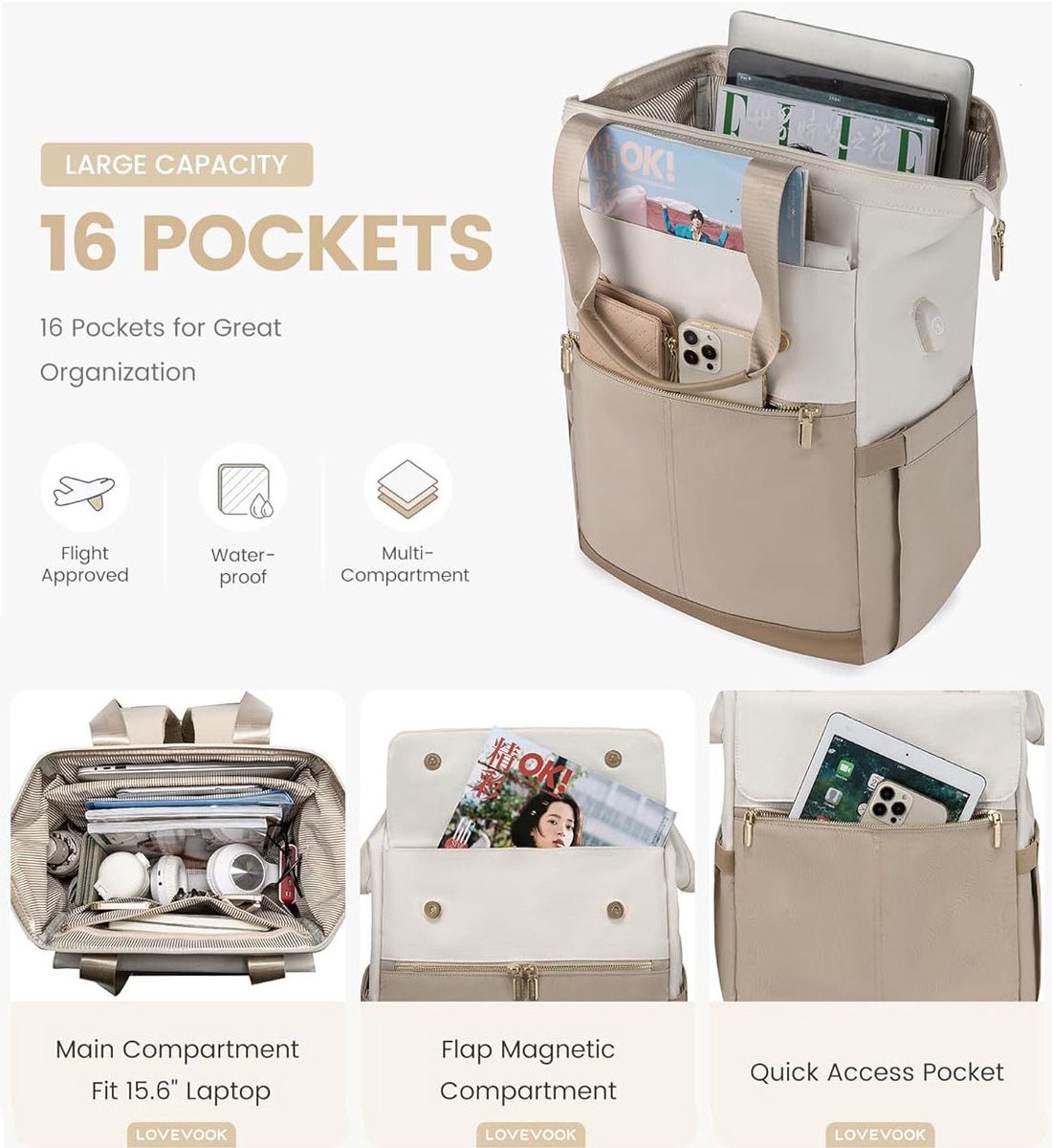 Impact Life Rugzak Dames Groot, Laptop Rugzak met Laptopvak 15 Inch, Reisrugzak Dames Waterdicht, Grote Handtas Rugzak Reizen, Schooltas Modern, Zakelijke Handbagage voor Reizen Vakantie Kantoor thumbnail 4