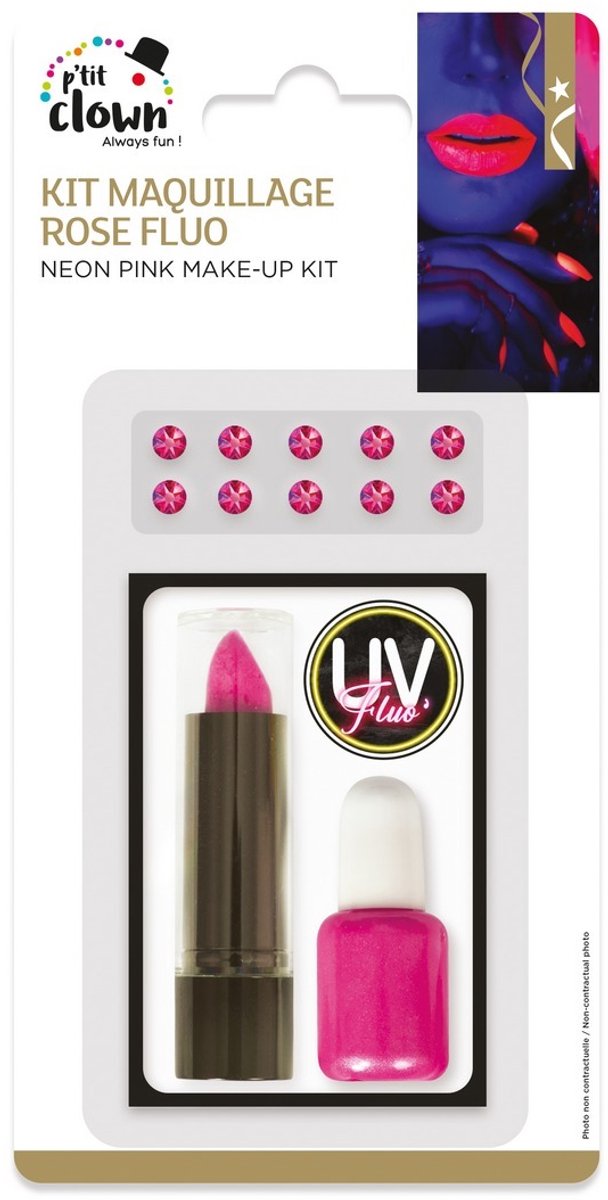 Make‑up Kit – Neon Pink – UV‑Reactief - festival - Neon Party - Fluo - Strass Steentjes - Lipstick - Nagellak