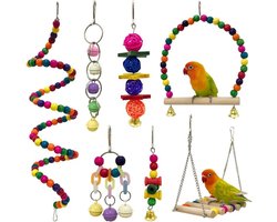 7 stuks Vogelspeelgoed – Kleurig – Natuurhout – Schommels, Belletjes, Kralen – Voor Kleine Vogels