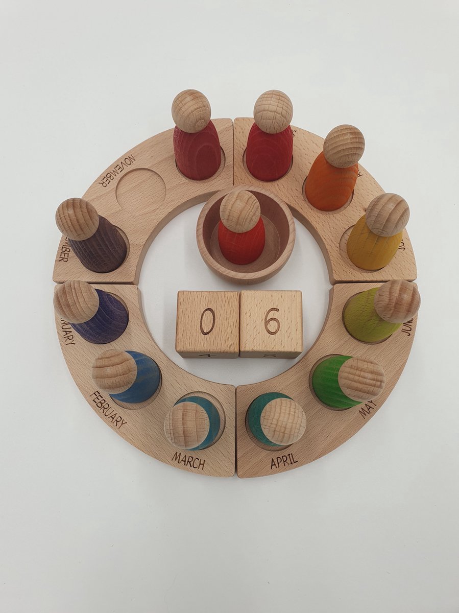 Houten kalender voor kinderen - 12 poppetjes - Engelstalig - Maanden en Datum leren - Open einde speelgoed - Educatief speelgoed - Montessori - Grapat en Grimms style