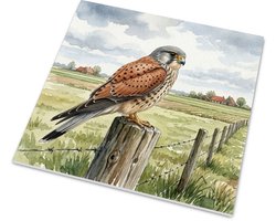 Tegeltje met glans Torenvalk zittend op paal in weidse polder - "Aquarel Series" roofvogel illustratie bij boerderij - Muurdecoratie natuur - Cadeau voor haar: Vrouw, Vriendin & Collega - Glanzende tegel van keramiek met vogelvlak