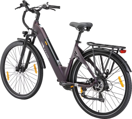 Paarse elektrische fiets met een zwart frame, 28 inch wielen en bagagedrager, staand.