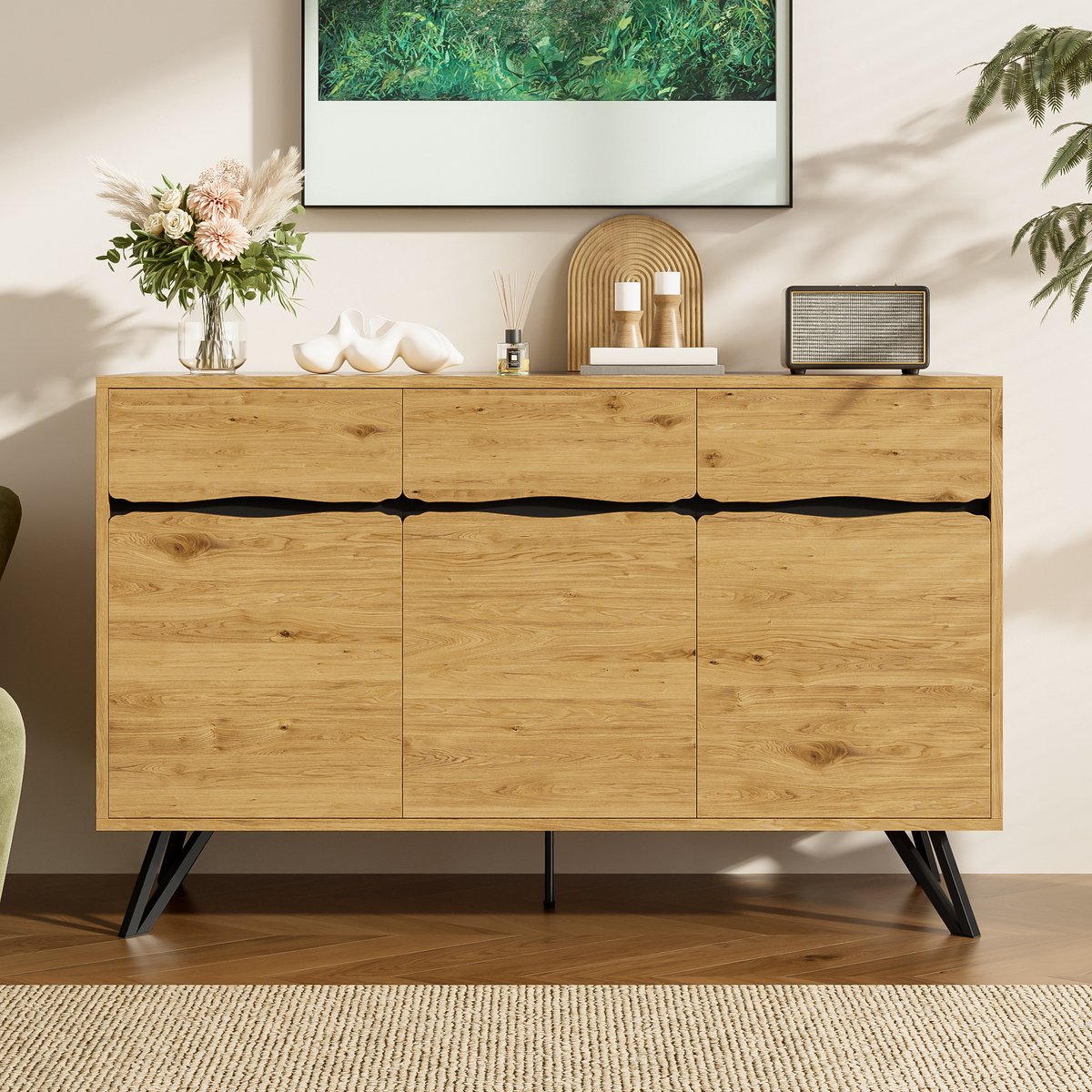 REDOM Sideboard - 3-Deurs - Houtlook - Modern - Voor Woonkamer - Spaanplaat - Zwart En Houtkleur - 140 X 40 X 75,5 Cm Zwart+Hout