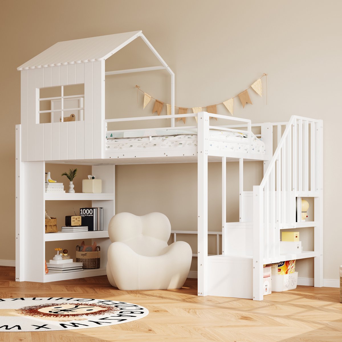 Wishdor – Hoogslaper in huisvorm met opbergtrap – 90 x 200 cm – Metaal, multiplex en MDF – Wit – Inclusief opbergrek – Veilig en speels – Voor kinderkamer