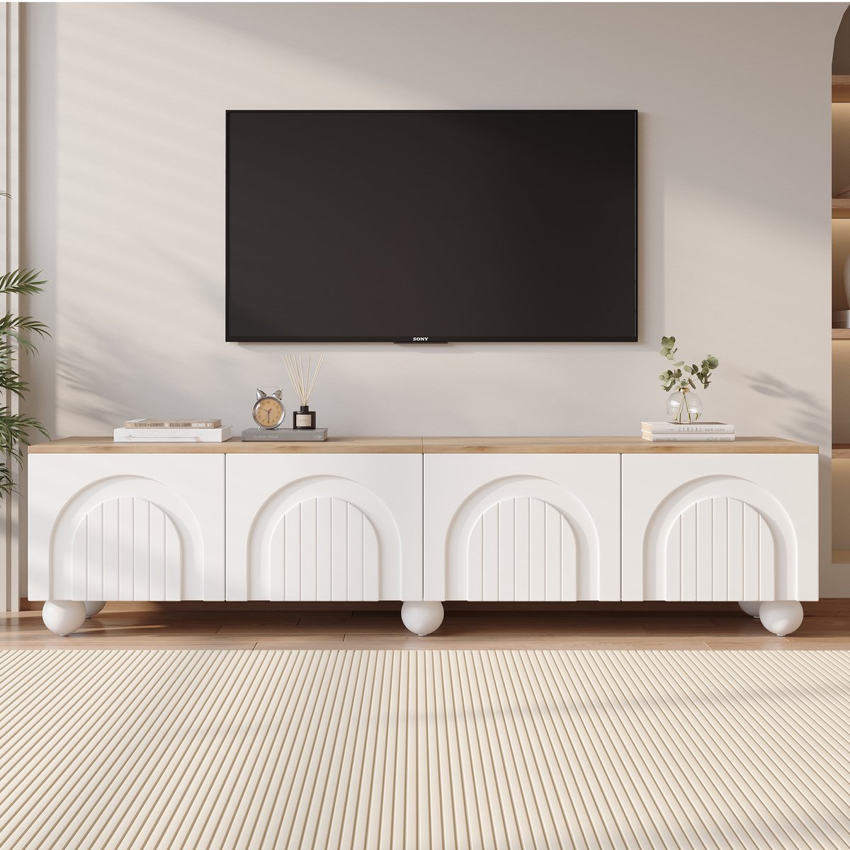 REDOM TV-Meubel - 4 Deuren En 6 Metalen Poten - Minimalistisch - Voor Woonkamer - MDF - Wit En Eikenkleur - 180 X 40 X 45 Cm Wit+Eiken