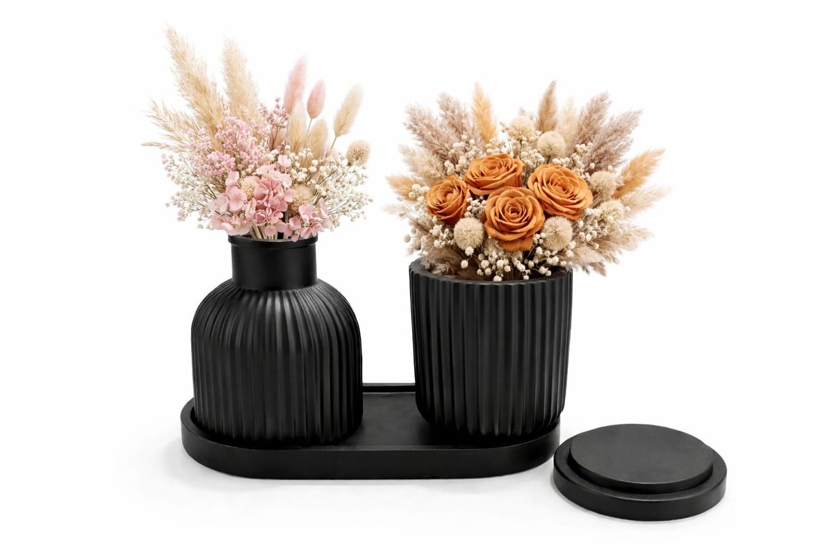 QORVANE Home Luxe 3-Delige Zwarte Decoratieset – 2 Design Vazen met Rond Decoratief Accent – Moderne Woondecoratie