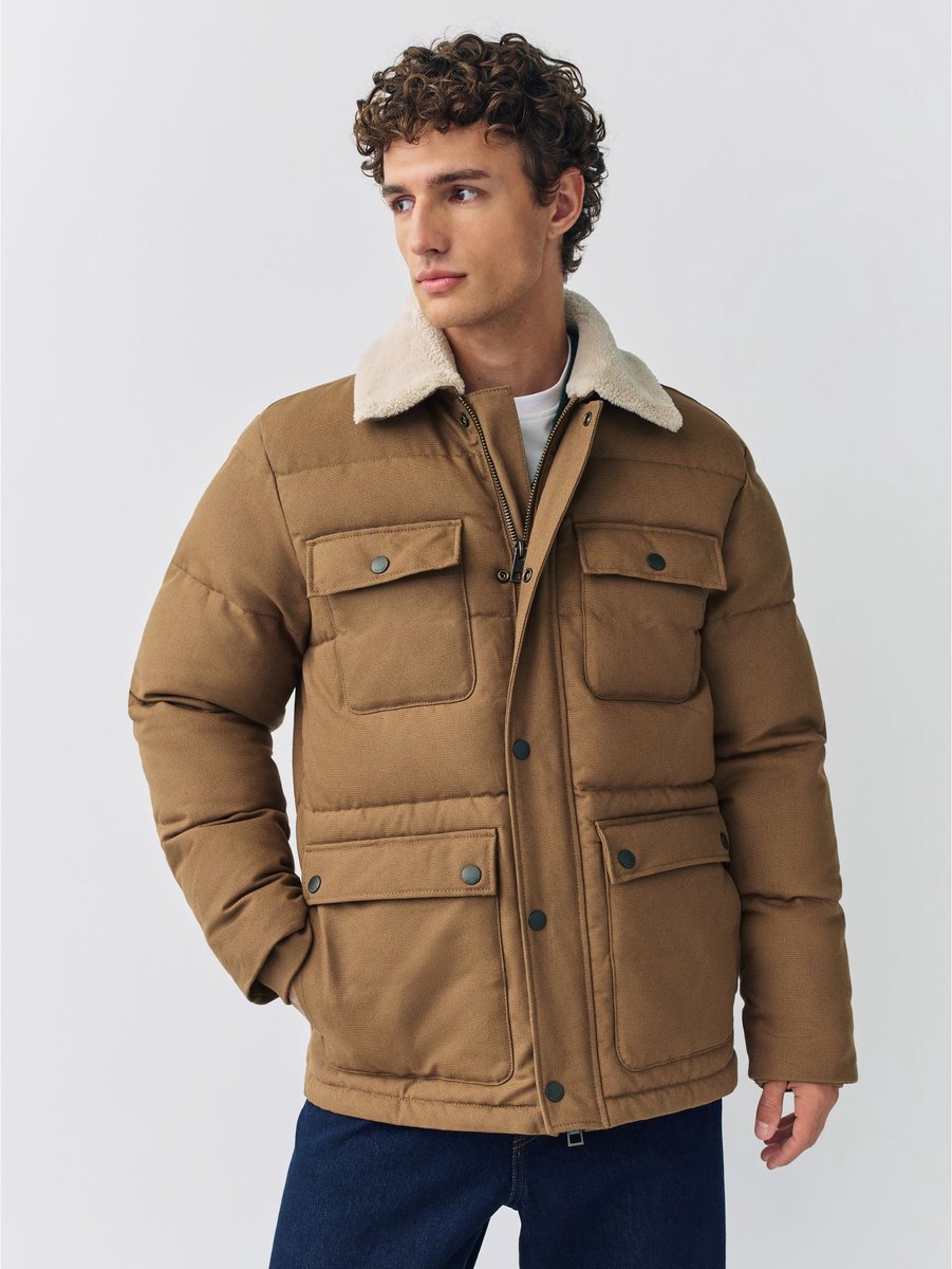 Next - Heren - Canvas Worker Puffer Jacket With Borg Collar - Bruin