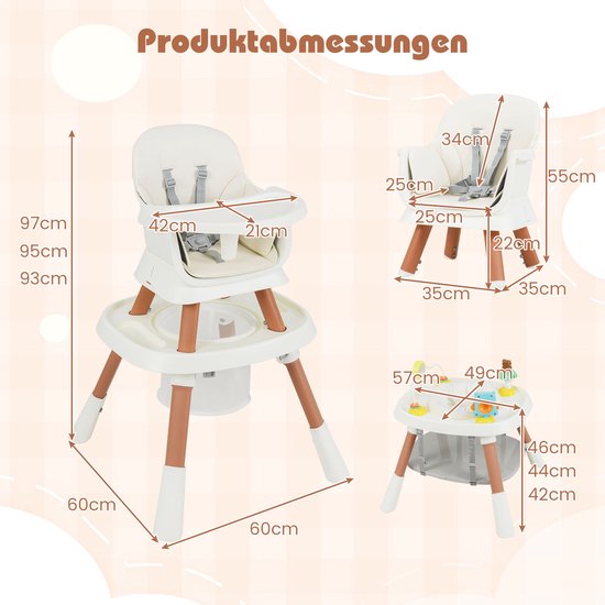COSTWAY kinderstoel 16 in 1, kinderstoel & speelgoedtafel & bouwblokkenbord & kinderstoel & zitverhoger met afneembaar dienblad, 5-puntsgordel & mand, kinderstoel voor kinderen vanaf 6 maanden (wit) van COSTWAY — afbeelding 2