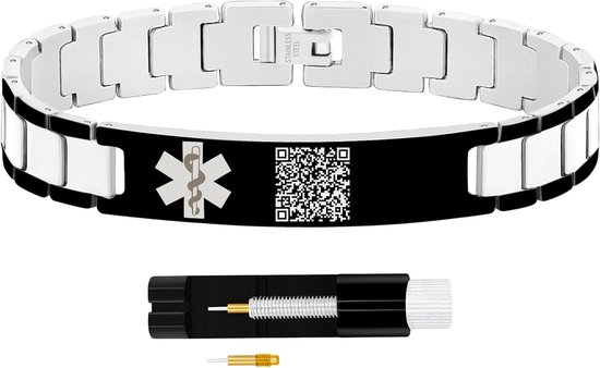 Foto: Medische id armband nood tag polsband veilige gegevens opslag bewerkbare qr code verstelbaar zilver