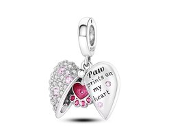 Fler® | Bedel | Past op populaire bedelarmbanden (standaard - 3mm) | Hart met Pootafdruk Bedel | Hangbedel Charm | 925 sterling zilver | Roze & Transparante Zirkonia | Roze Emaille | Valentijnsdag Cadeau | Sinterklaas kado | Kerstcadeau | Verjaardag