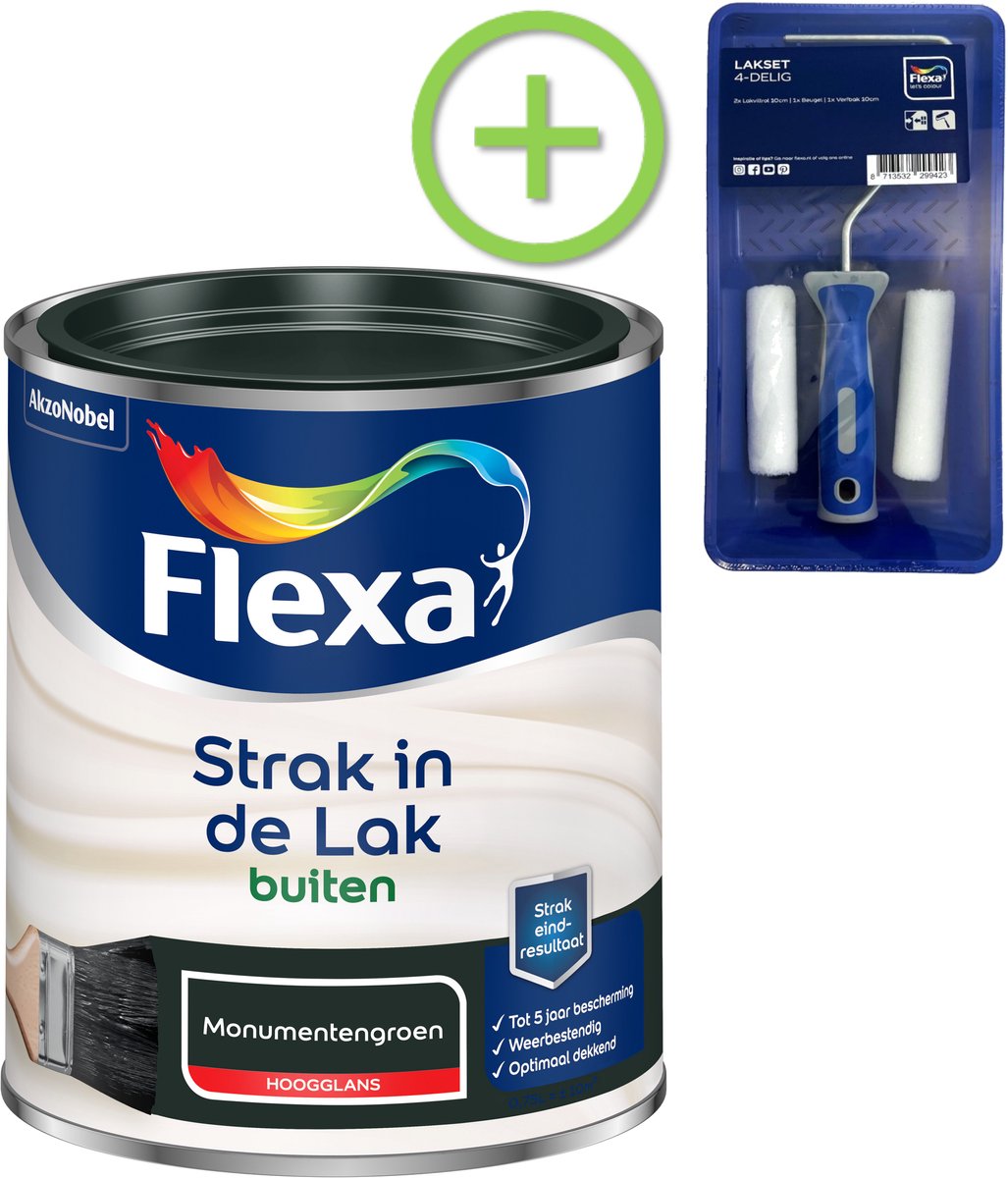 Flexa - Strak In De Lak Buitenlak Hoogglans - Monumentengroen - 750 Ml + Gratis Flexa Lakset 4-Delig