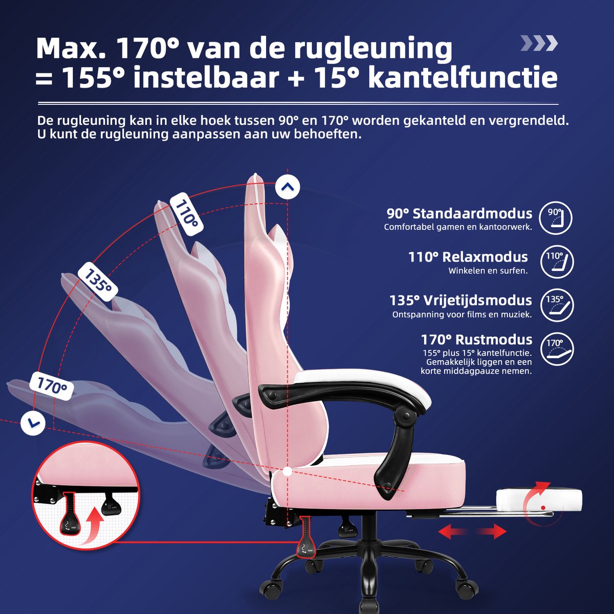 Hiaonyx Gaming Stoel Roze 170° Verstelbare Rugleuning - afbeelding 3