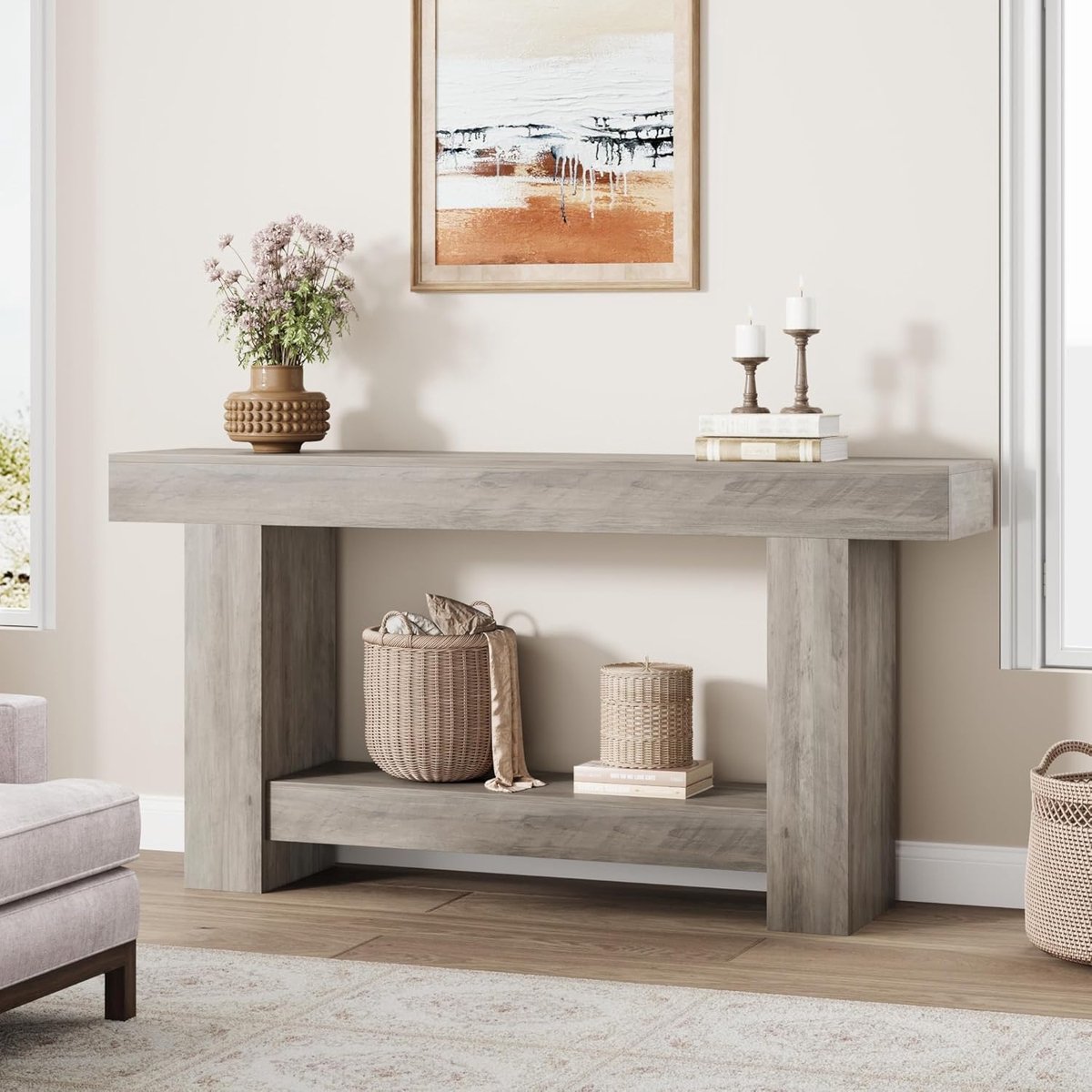 Haltafel - Bijzettafel - Bijzettafel in landelijke stijl van 160 cm lang - Lange bijzettafel met twee planken en opbergruimte - Grijze bijzettafel - Geschikt voor de woonkamer, hal en gang - 160 × 80 × 30 cm