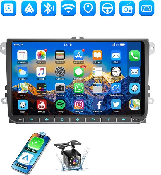 Autoradio met Android 5G, diverse apps, CarPlay, Android Auto, achteruitrijcamera en stuurwielbediening.