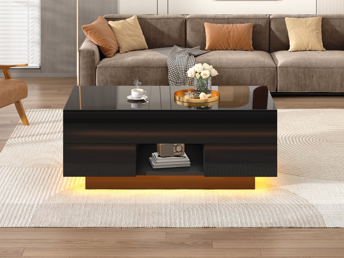 Wishdor - Salontafel - In Hoogte Verstelbaar Met Klapblad En 2 Laden - Modern - Voor Woonkamer - Spaanplaat - Zwart - 100 x 45 x 43 cm