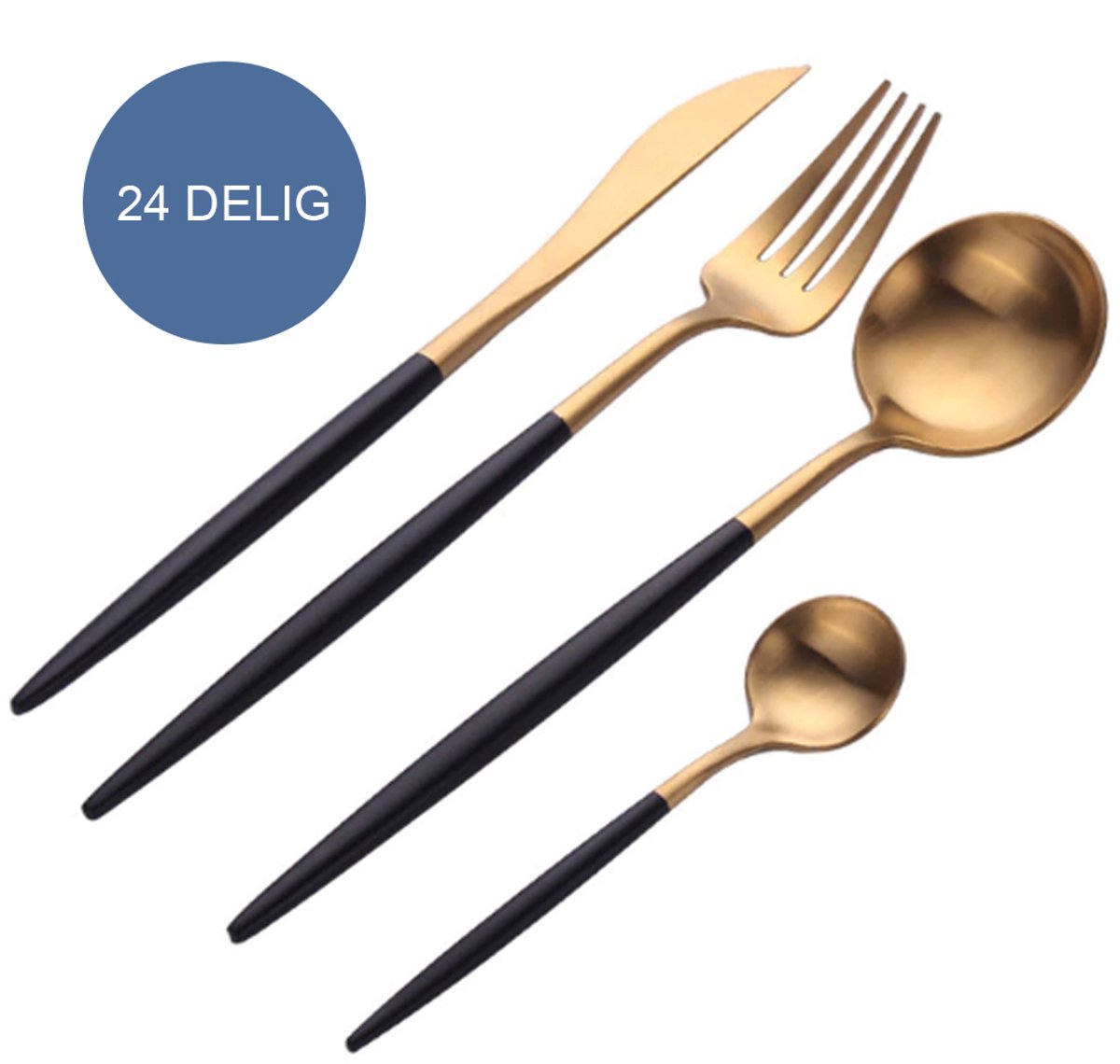 Krumble Bestekset 24 delig - 6 personen - Bestek bestaat uit een mes, vork, eetlepel en dessertlepel - Bestek set halfmat - Dinermes - Tafellepel - RVS - Ronde vorm - Goud en zwart
