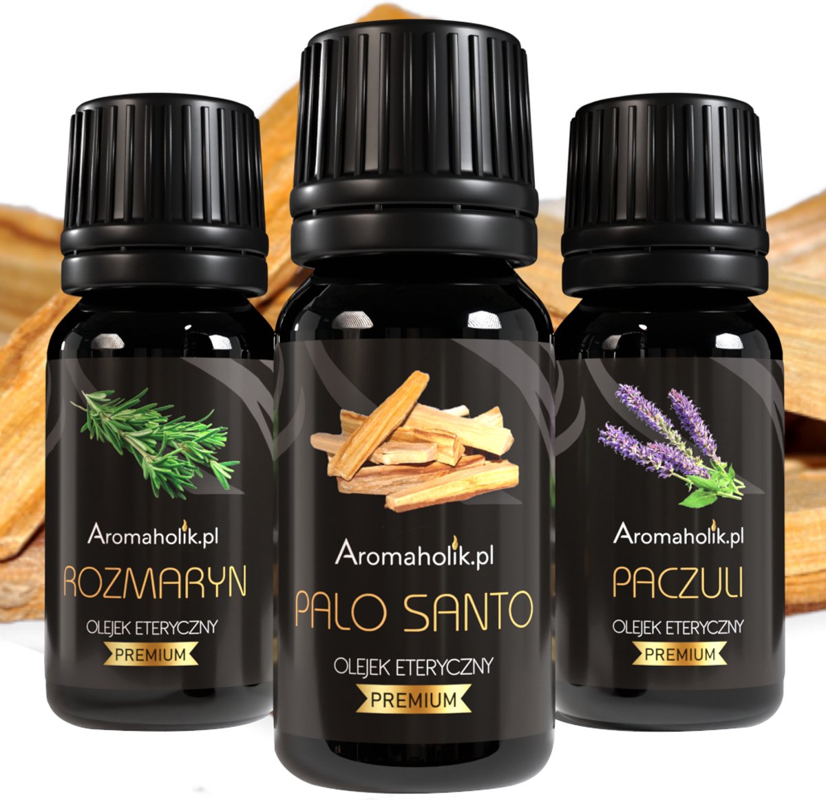Aromaholik - Eko Serie - Set van Essentiële Oliën - Aromatherapie - Rozemarijn, Patchouli, Palo Santo