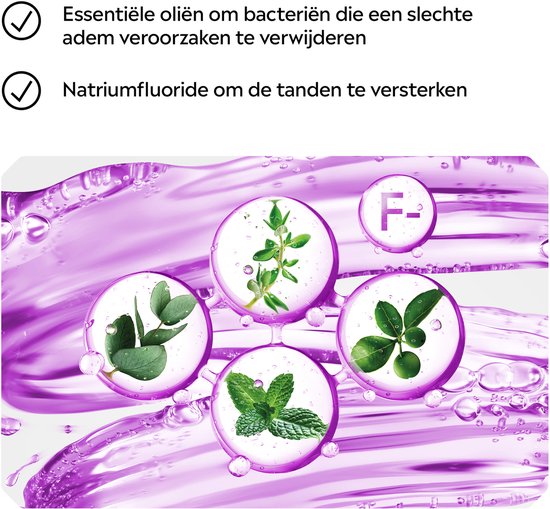 Essentiële oliën en natriumfluoride voor gezonde tanden en fris adem. Paarse vloeistof met plantenblaadjes.