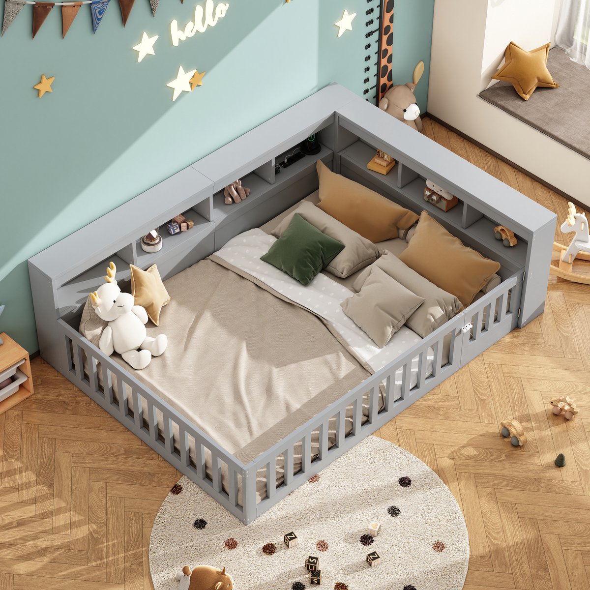 MODENUIT Dagbed 140x190 cm – Lattenbodem, Uitschuifbare Bedrail, Stopcontact en Usb – Zijvak – Zonder matras – Grijs