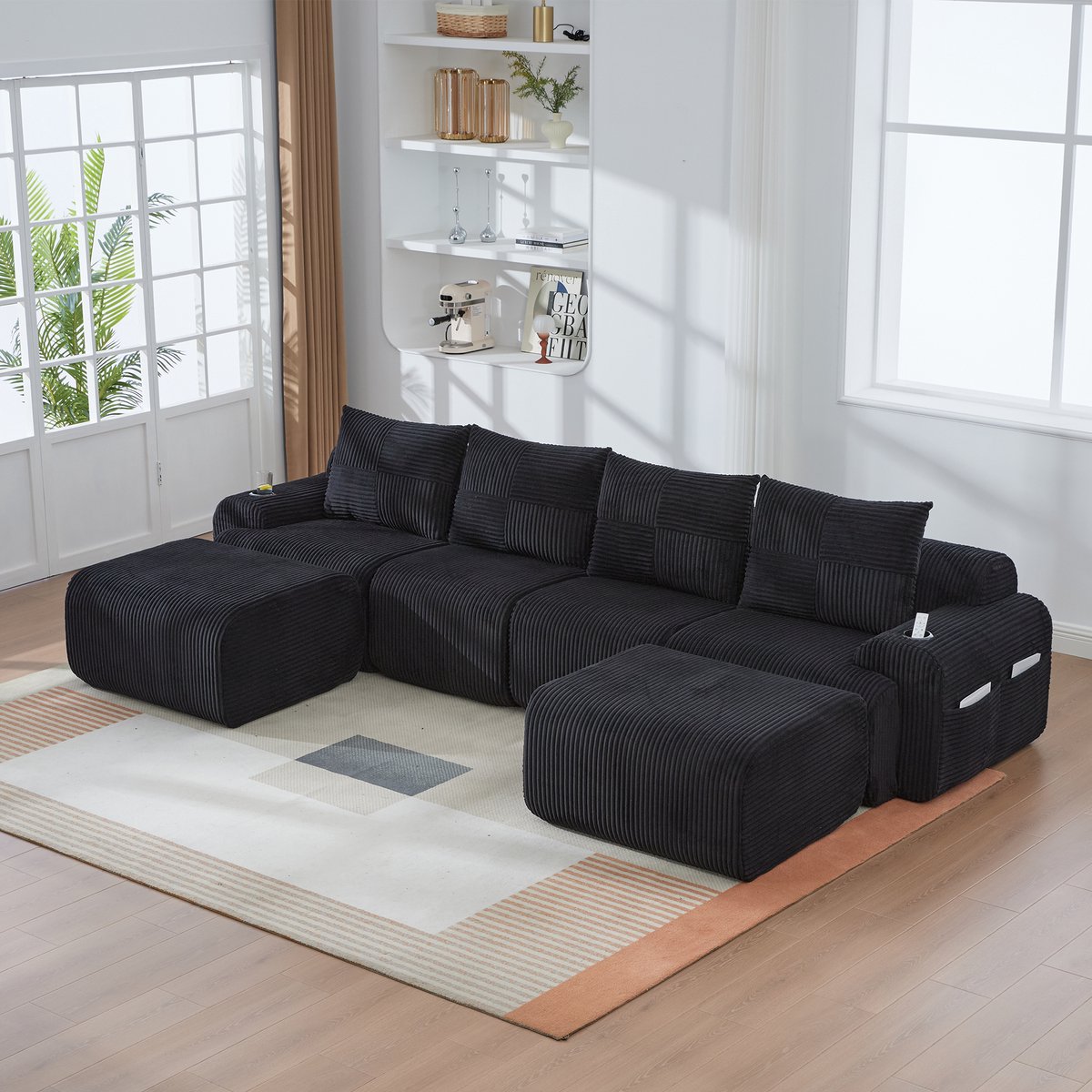 Modulair Cord Bank 4-Zits Met 2 Hockers 333x174x80 cm - Inclusief DrankHouders & Opbergzakken - Zwart
