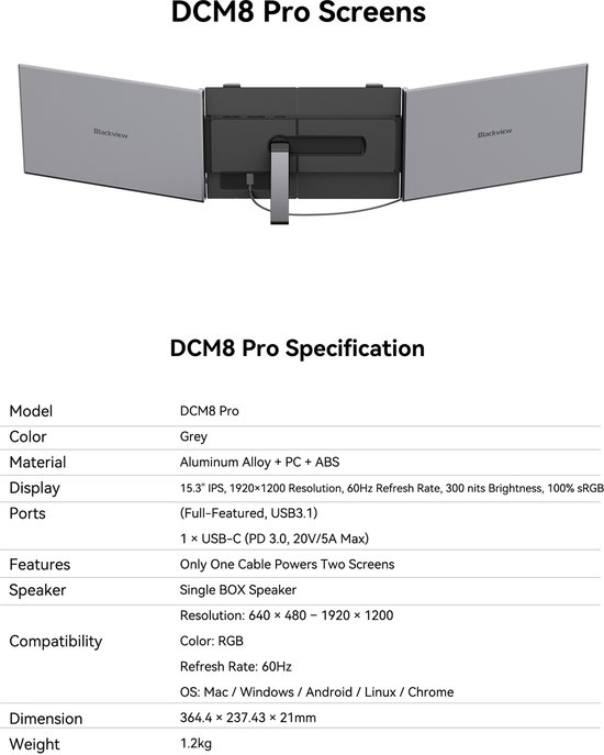 Specificaties van de grijze Blackview DCM8 Pro monitor, inclusief model, kleur, materiaal en poorten.
