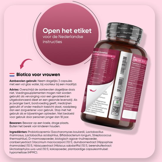 Bruine pot met een roze etiket, met informatie over probiotica voor vrouwen, inclusief voedingswaarde.