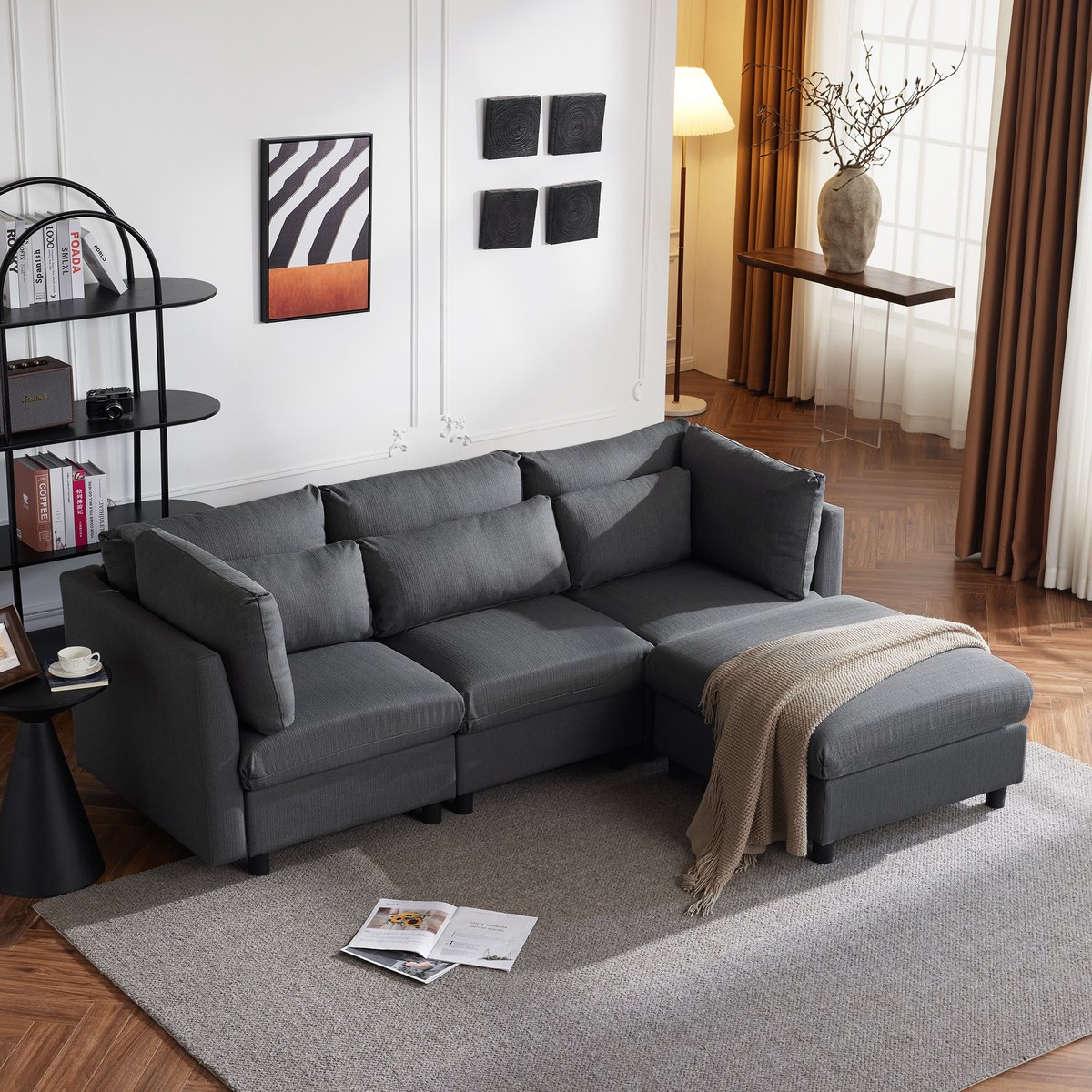 MODFU - Hoekbank Met Voetenbank - Hoge Rugleuning En Losse Kussens - Modern - Voor Woonkamer - Linnen - Grijs - 220 X 83 X 81 Cm