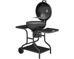 Premie Houtskool Barbecue - Houtskoolgrill met Rookfunctie - Grillrooster - Grilloppervlak Ø54 cm - met Bijzettafels, Deksel, Thermometer en Wielen - BBQ voor Kamperen, Buiten, Tuin - 129 x 63,5 x 106,5 cm - Zwart