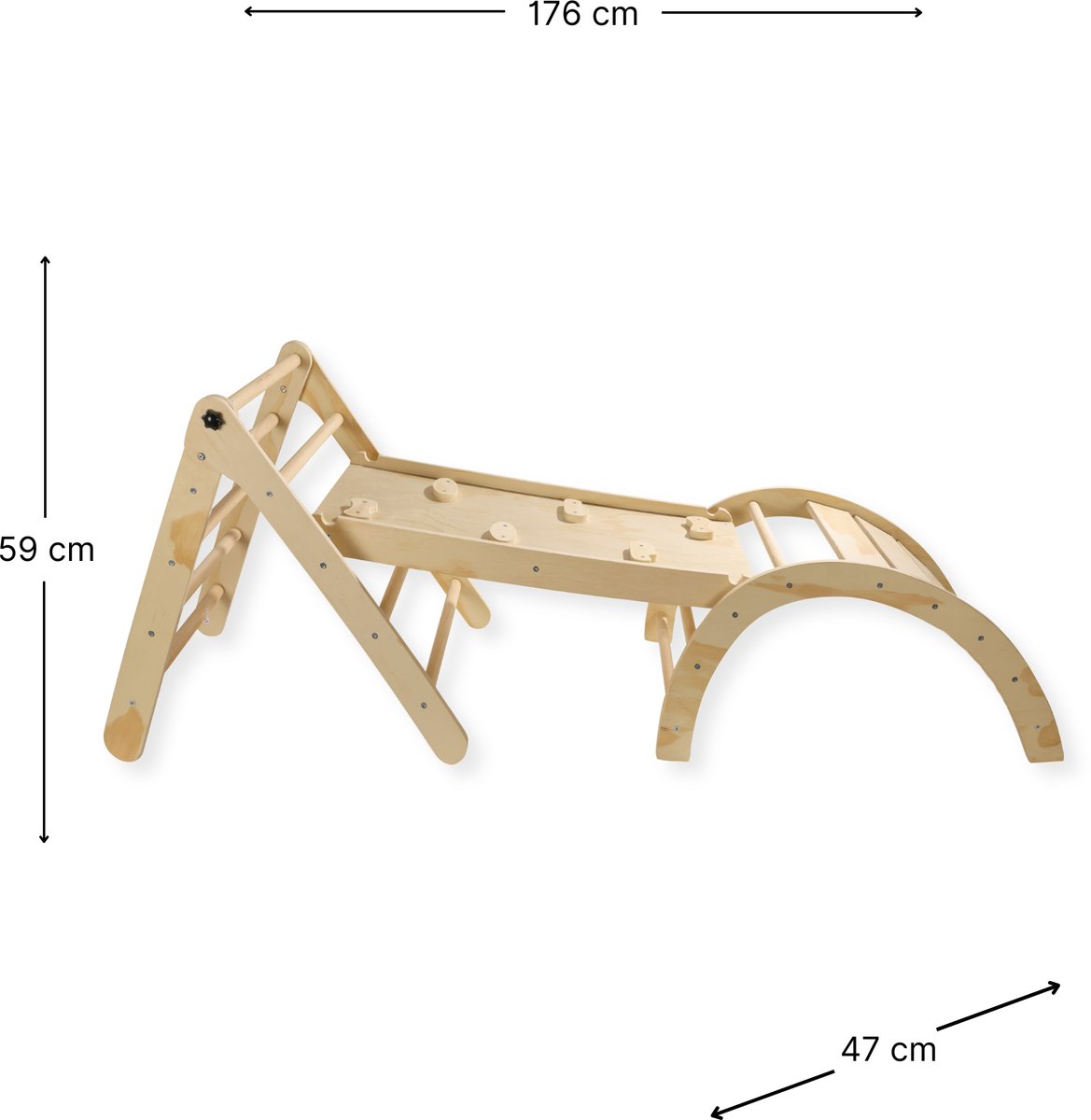 Buxibo Mini Klimrek Set – Klimdriehoek & Klimboog met Kussen & Klimhelling met Glijbaan – Montessori Speelgym – 176x47x59 cm – Naturel — afbeelding 5