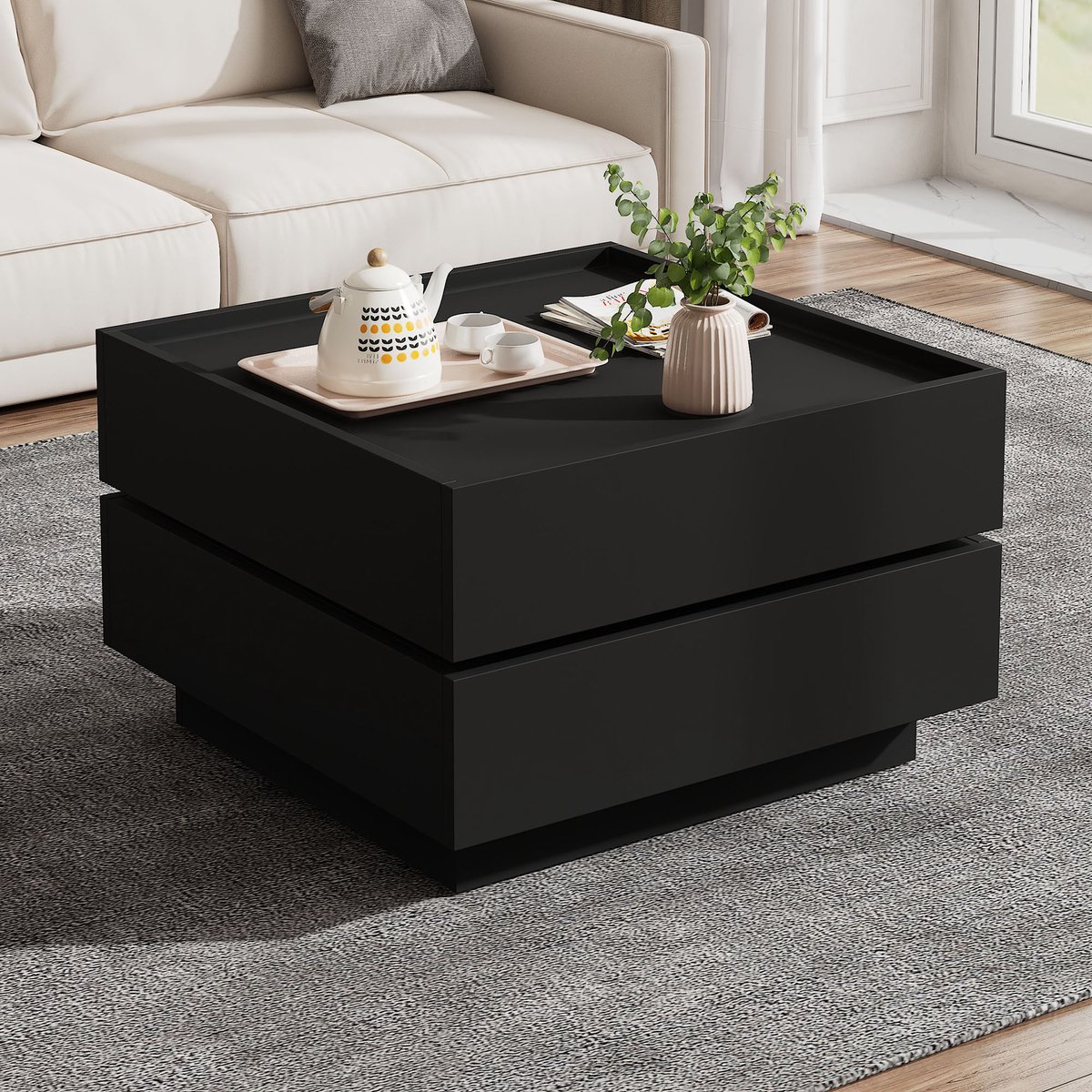 Wishdor - Salontafel - 360° Draaibaar Met 2 Laden - Modern - Voor Woonkamer - Spaanplaat - Zwart - 60 X 60 X 38 Cm