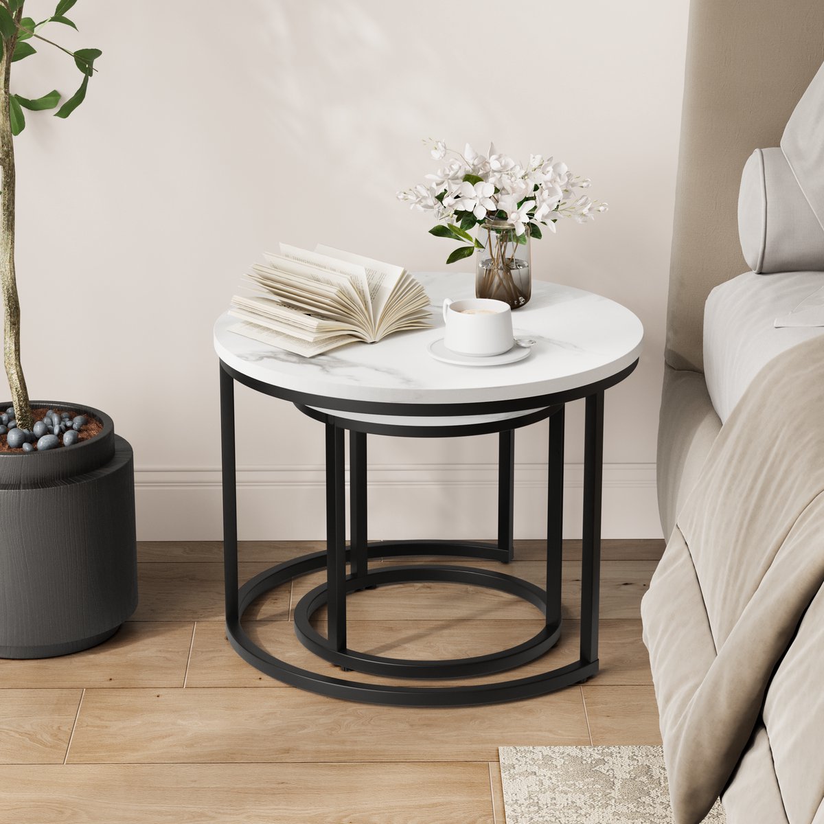 Wishdor Salontafelset - Rond 2-Delig Nestbaar - Modern Industrieel - Voor Woonkamer - Metaal En Spaanplaat - Wit - 60 Cm