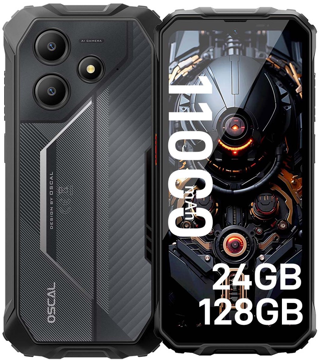 OSCAL MARINE 2 Robuuste Smartphone - Gemini AI - 24GB RAM+128GB ROM - 11000mAh Robuuste Telefoon - 6,56 Inch - IP68 IP69K - Dual SIM 4G - Android 15 - BT5.2 - NFC GPS - Zwart