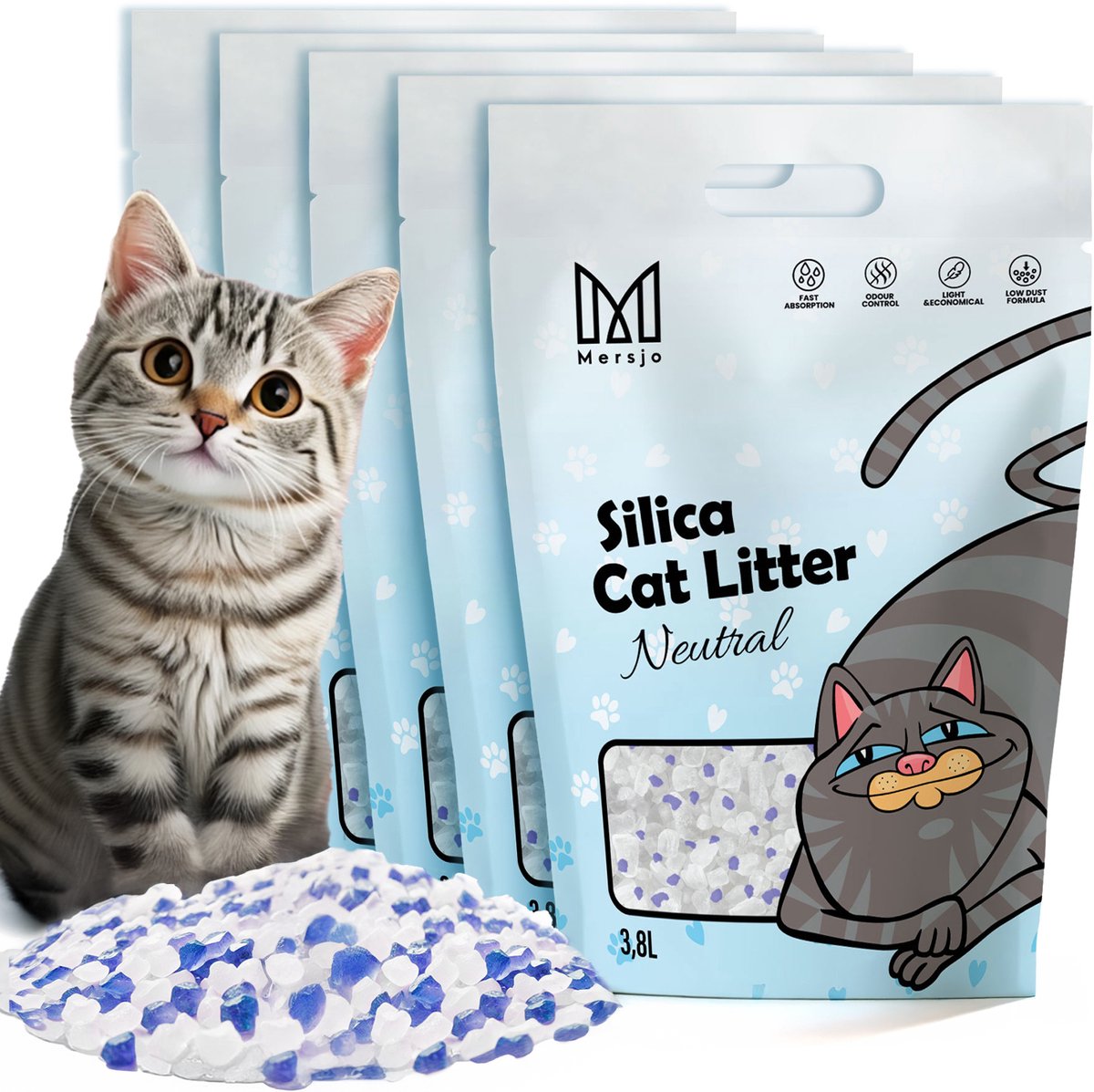 Mersjo Serie - Silicagel Kattenbakvulling - Neutraal - 5x3,8L - Antiallergisch