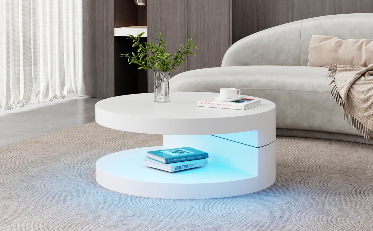 Wishdor Salontafel - 360° draaibaar blad - 2-laags opbergruimte en LED-verlichting - Modern minimalistisch - Woonkamer - MDF - Wit - 70 x 70 x 35,5 cm