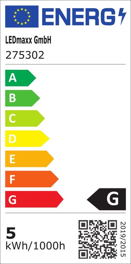 Energielabel G voor LEDmaxx GmbH, 275302. Verbruik 5 kWh/1000h.