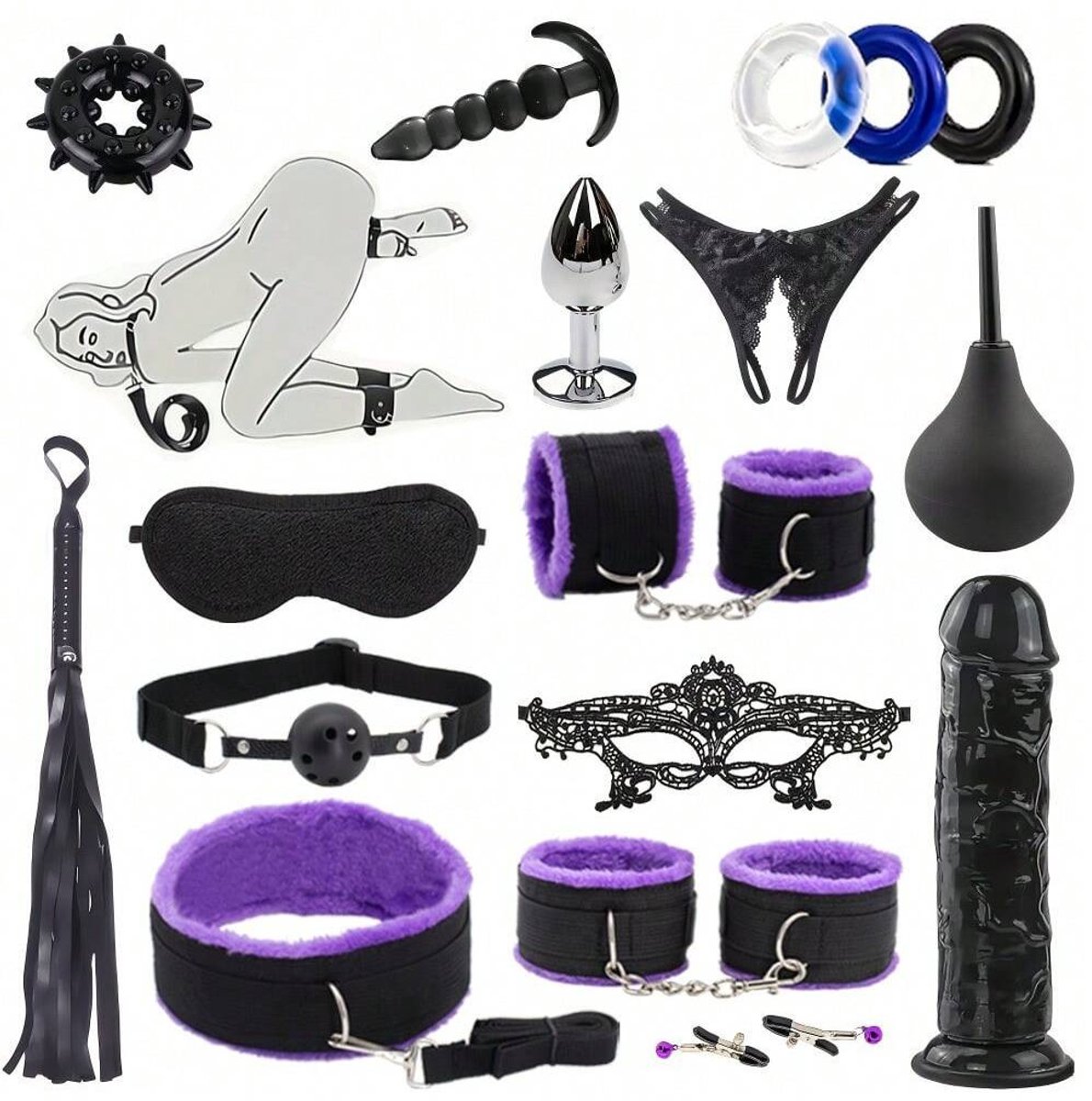Oneay BDSM Extreme Bondage Set - 17 Delig -SM Handboeien - Dildo - Zweep / Anale plug / Tepelklemmen - Sex Toys voor Koppels - Seksspeeltjes voor mannen en vrouwen - Sex Pakket en Toys - Paars