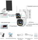Witte beveiligingscamera met zonnepaneel, dubbele antenne, 8 LED's en microfoon. Inclusief Type-C lader, kabels, handleiding en schroeven.