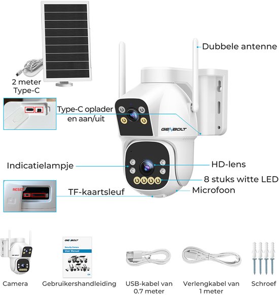 Witte beveiligingscamera met zonnepaneel, dubbele antenne, 8 LED's en microfoon. Inclusief Type-C lader, kabels, handleiding en schroeven.