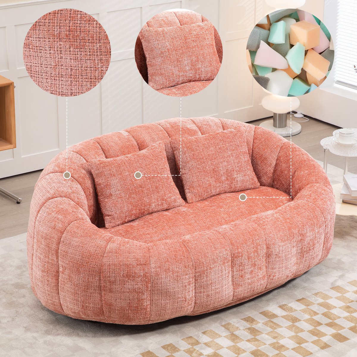 Intebiki Volwassen Highback Zitzak Stoel-Corduroy Stof-Indoor Woonkamer Gaming Zitzak Ligstoel met Ergonomisch Ontwerp-145 x 95 x 63 cm-Inclusief twee kussens - Geschikt voor slaapkamers en kantoren-roze