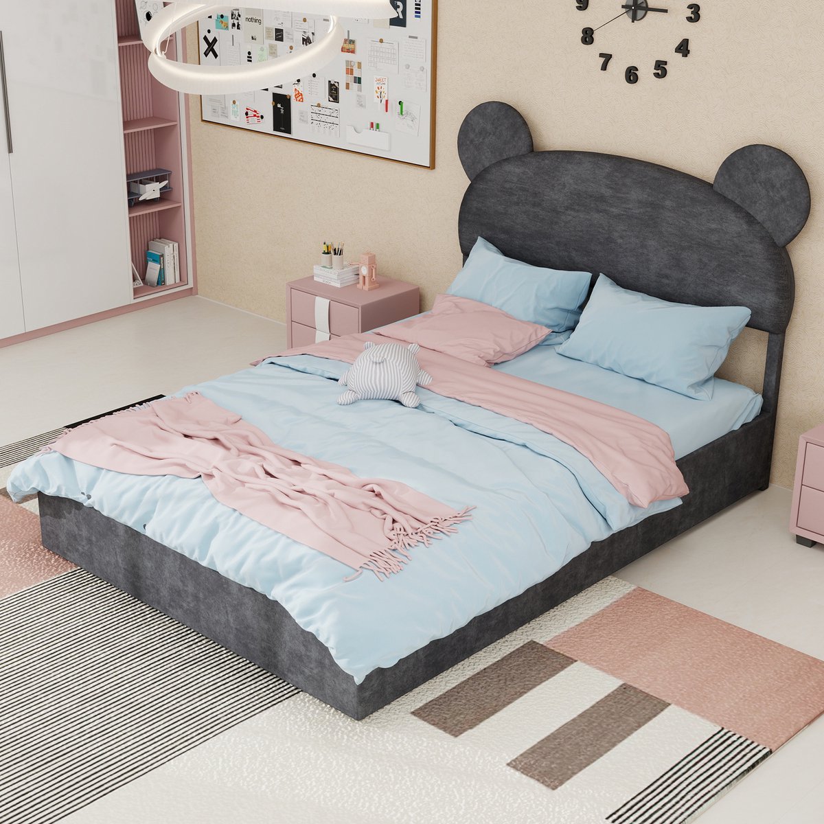 MODENUIT Gestoffeerd bed 140x200 cm – Cartoonvormig hoofdbord – Gaslift opbergruimte – Metalen frame – Zonder matras – Grijs