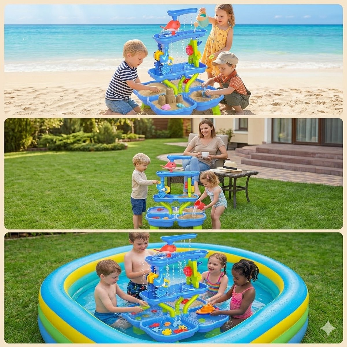 Zand- en Watertafel met Waterval – Speeltafel Kinderen – 4 Laags Waterbaan met Accessoires – Educatief Buitenspeelgoed — afbeelding 7