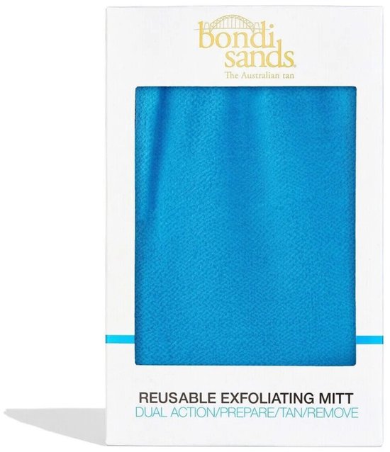 Verpakking met een helderblauwe exfoliatiehandschoen, beschreven als 'REUSABLE EXFOLIATING MITT DUAL ACTION/PREPARE/TAN/REMOVE'.