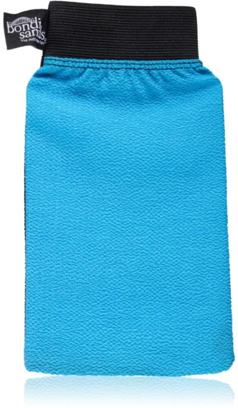 Heldere blauwe exfoliatiehandschoen met een zwarte band aan de bovenkant en een bondi sands label.