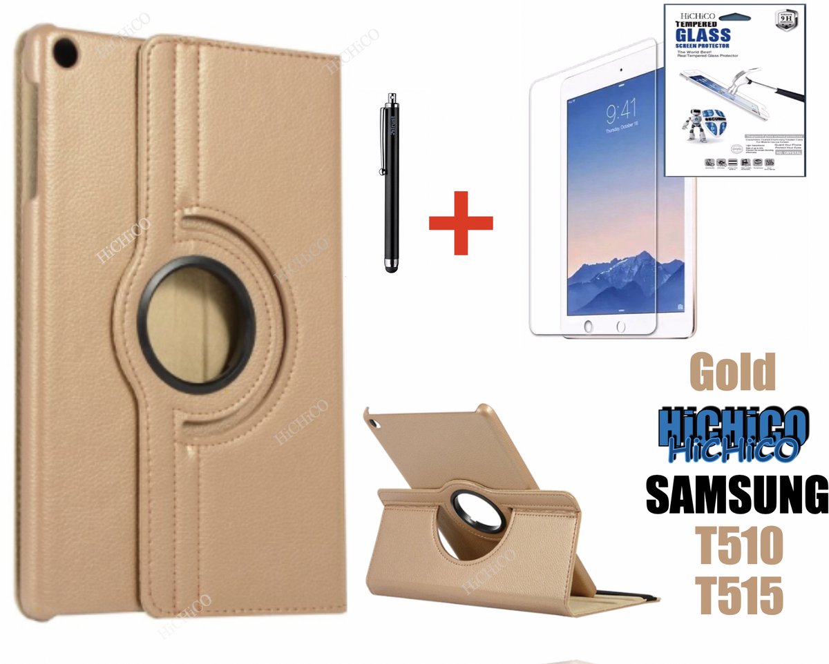 Samsung Galaxy Tab A 10.1 (2019) T510/T515, HiCHiCO Tablet Hoes met 360° draaistand Cover Tablet hoesje Goud Stylus Pen + Screen Protector