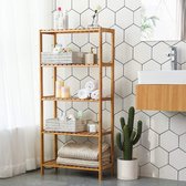 Een 5-laags bamboe opbergrek in een badkamer met diverse accessoires, handdoeken en een plant.