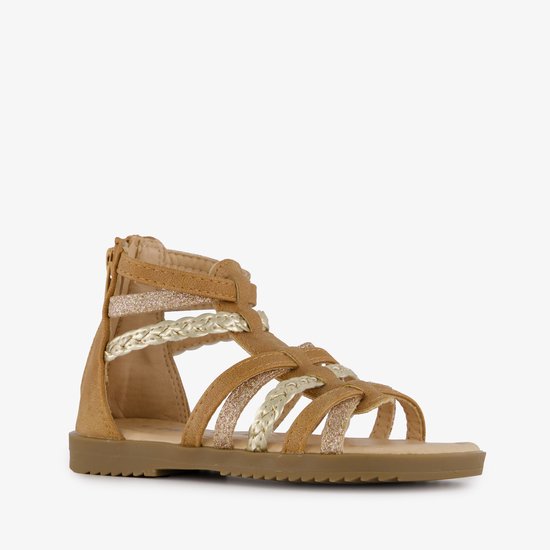 Cognackleurige gladiator sandalen, zijkant: gevlochten bandjes en glitter.